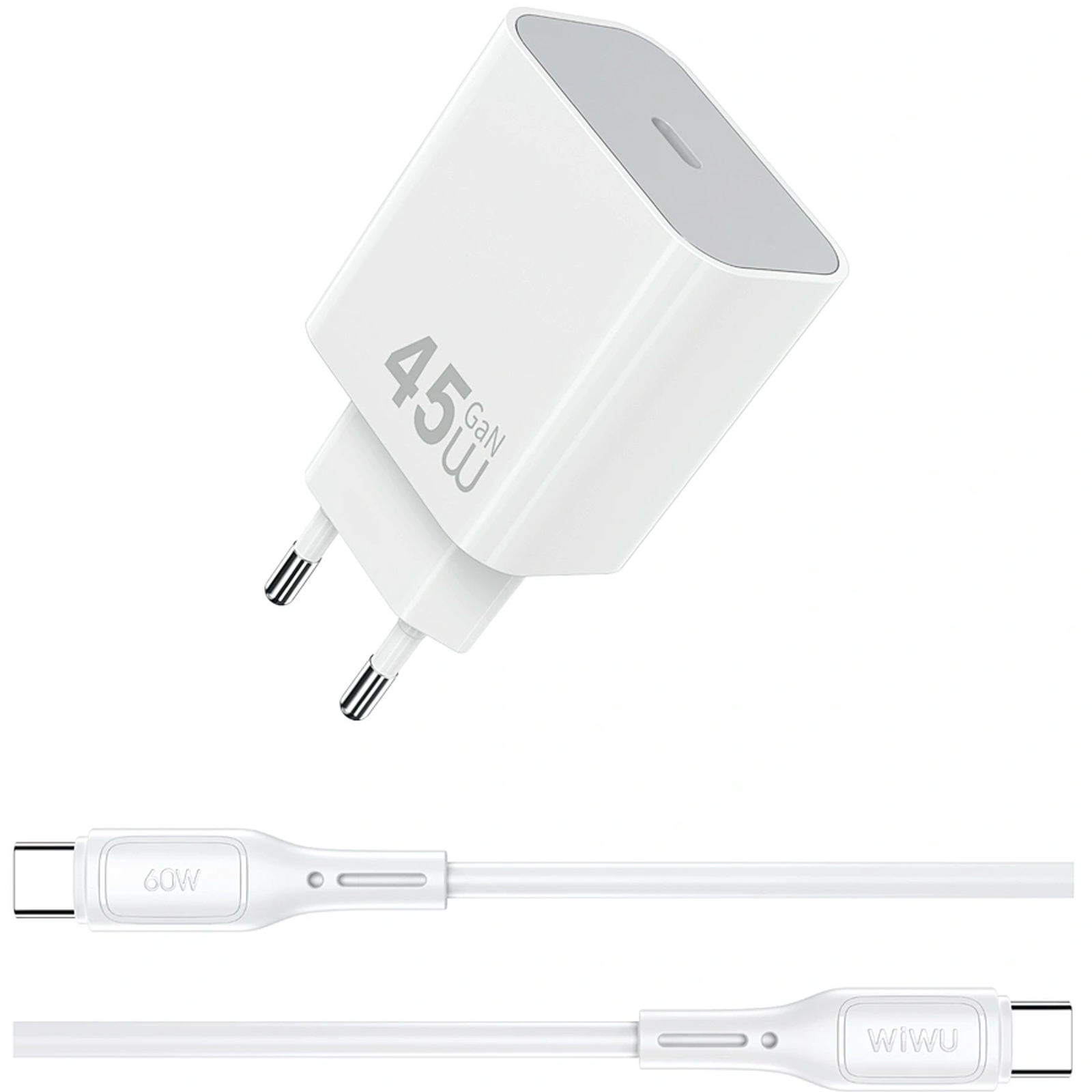 СЗУ WIWU G024 Essen PD45W GaN (1USB-C) + кабель Type-C to Type-C, White, купить оптом с доставкой