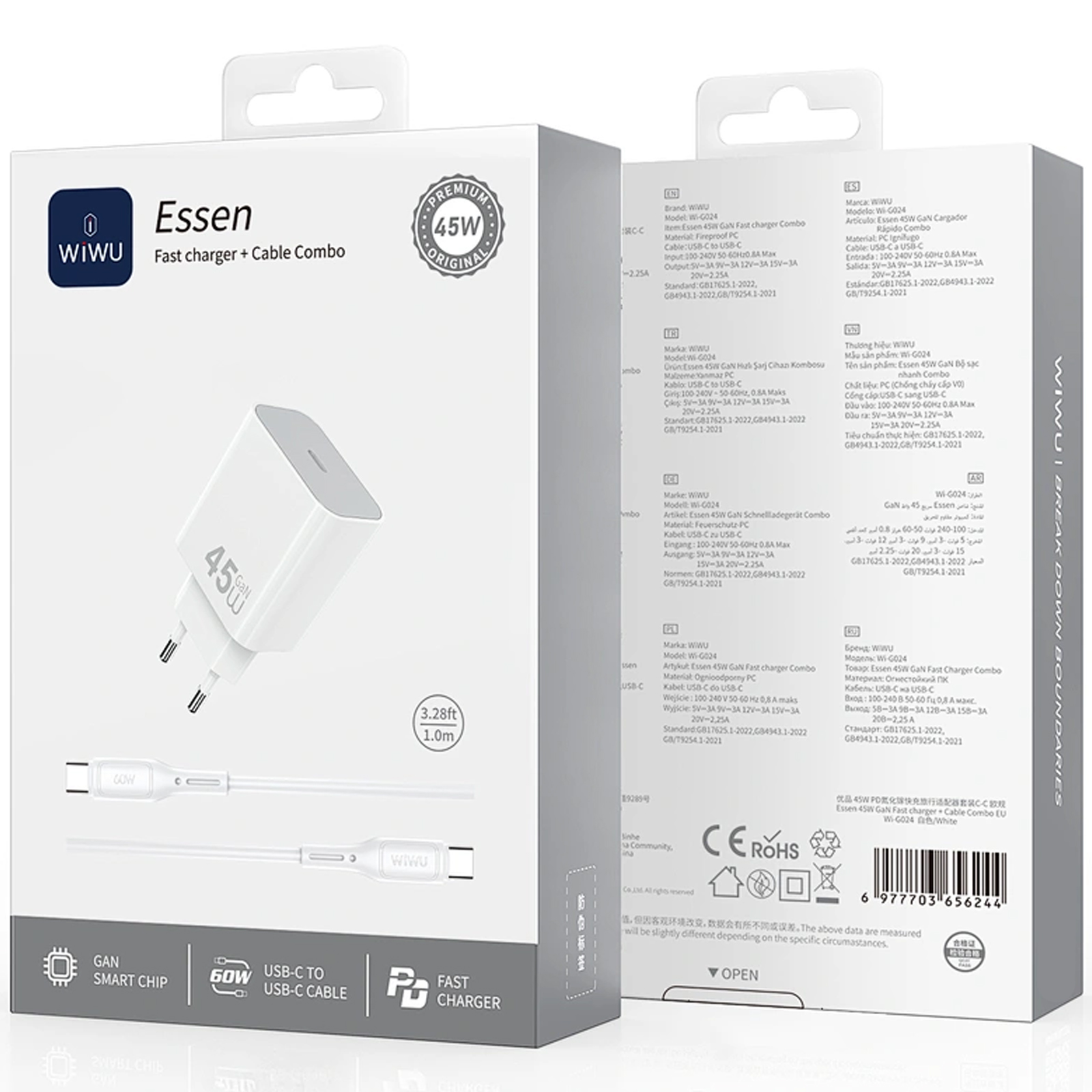 СЗУ WIWU G024 Essen PD45W GaN (1USB-C) + кабель Type-C to Type-C, White 1, купить оптом с доставкой