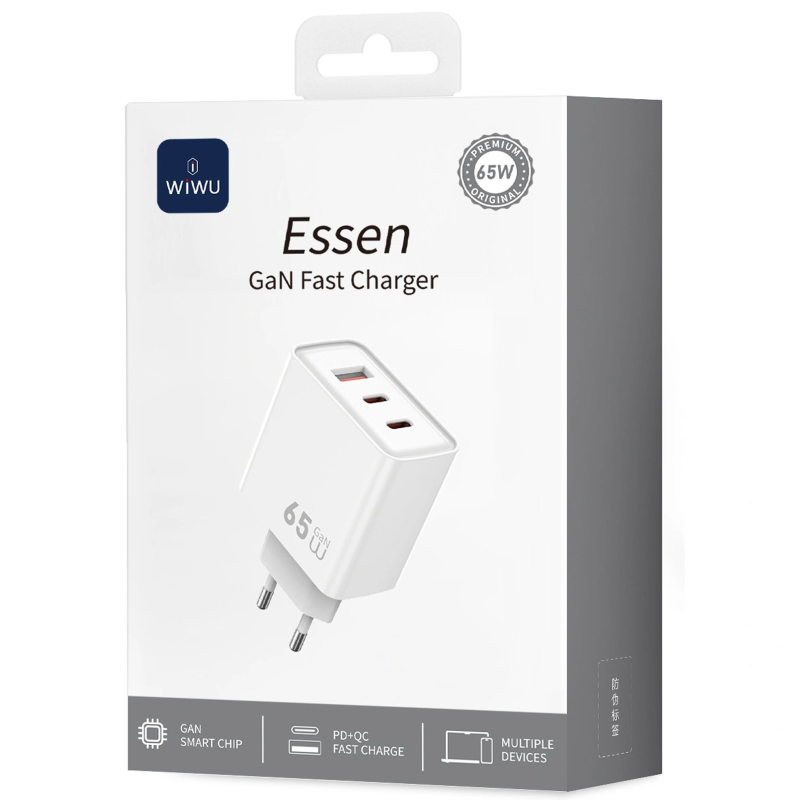 СЗУ WIWU G005 Essen PD65W+QC3.0 GaN (1USB-A/2C), White 1, купить оптом с доставкой