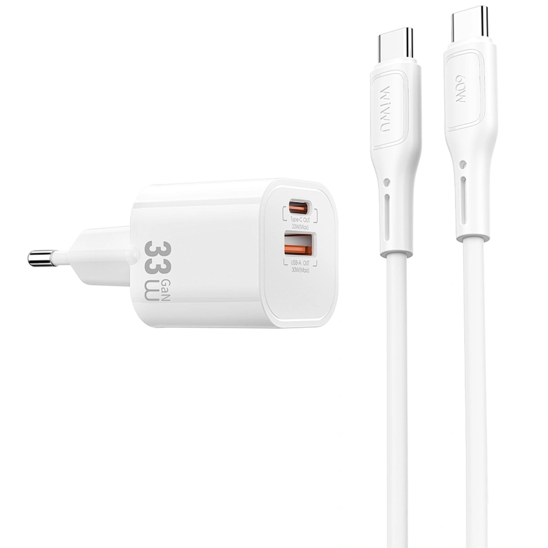 СЗУ WIWU G018 Cube PD33W+QC3.0 GaN (1USB-A/1C) + кабель Type-C to Type-C, купить оптом с доставкой