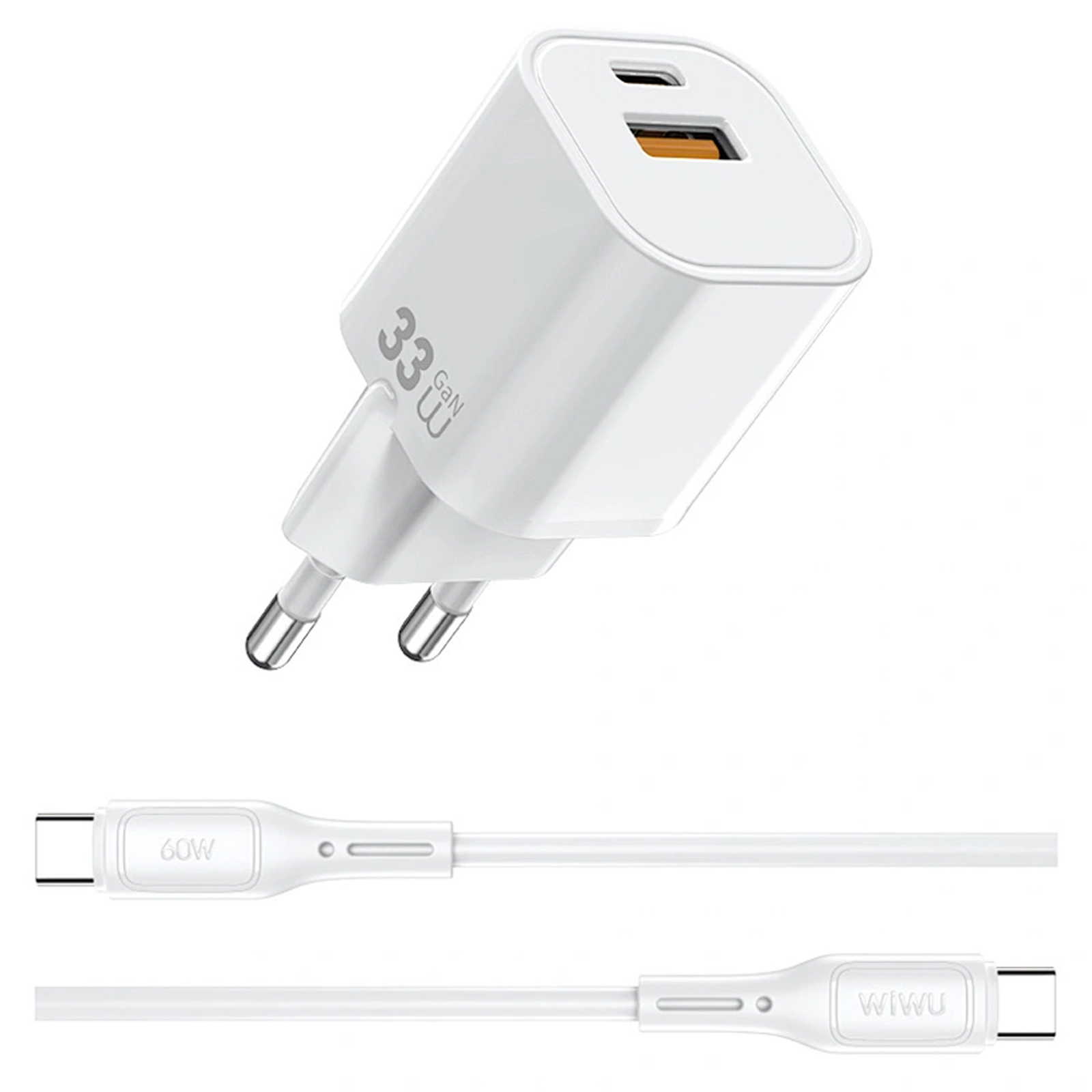 СЗУ WIWU G018 Cube PD33W+QC3.0 GaN (1USB-A/1C) + кабель Type-C to Type-C, White 2, купить оптом с доставкой