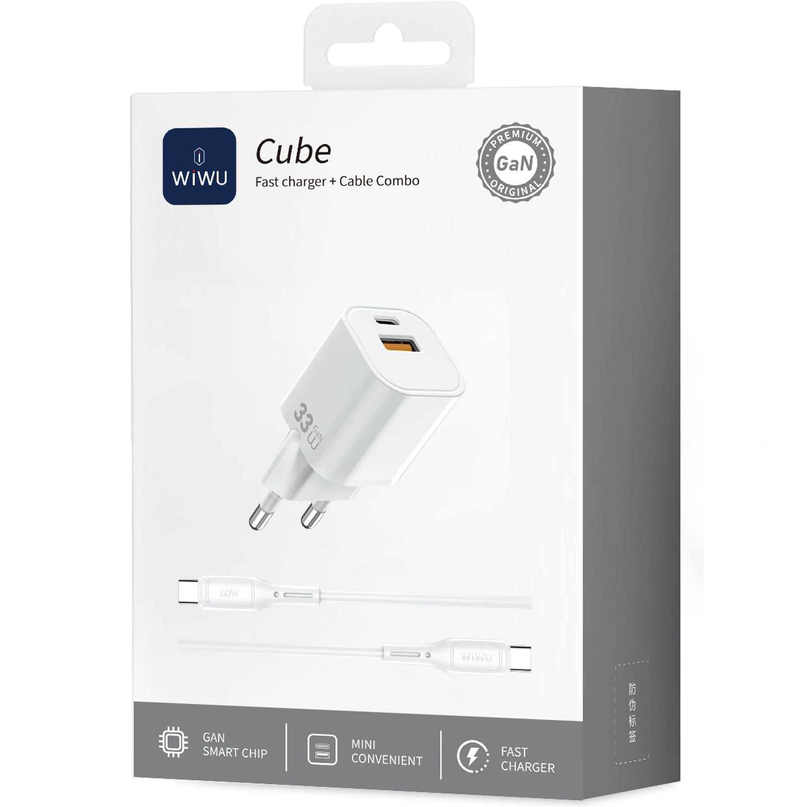 СЗУ WIWU G018 Cube PD33W+QC3.0 GaN (1USB-A/1C) + кабель Type-C to Type-C, White 4, купить оптом с доставкой