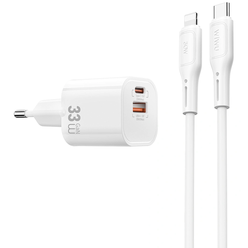 СЗУ WIWU G018 Cube PD33W+QC3.0 GaN (1USB-A/1C) + кабель Type-C to Lightning, White, купить оптом с доставкой