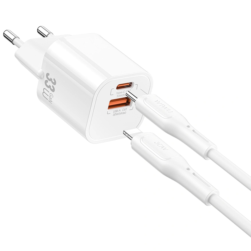 СЗУ WIWU G018 Cube PD33W+QC3.0 GaN (1USB-A/1C) + кабель Type-C to Lightning, White 1, купить оптом с доставкой