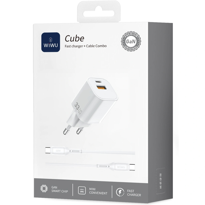 СЗУ WIWU G018 Cube PD33W+QC3.0 GaN (1USB-A/1C) + кабель Type-C to Lightning, White 2, купить оптом с доставкой