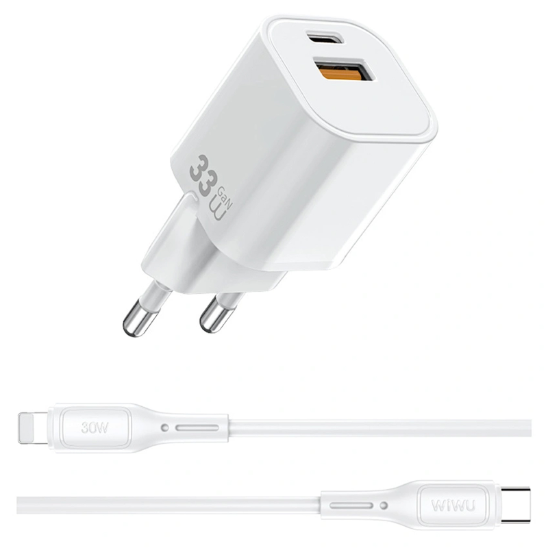 СЗУ WIWU G018 Cube PD33W+QC3.0 GaN (1USB-A/1C) + кабель Type-C to Lightning, White 3, купить оптом с доставкой