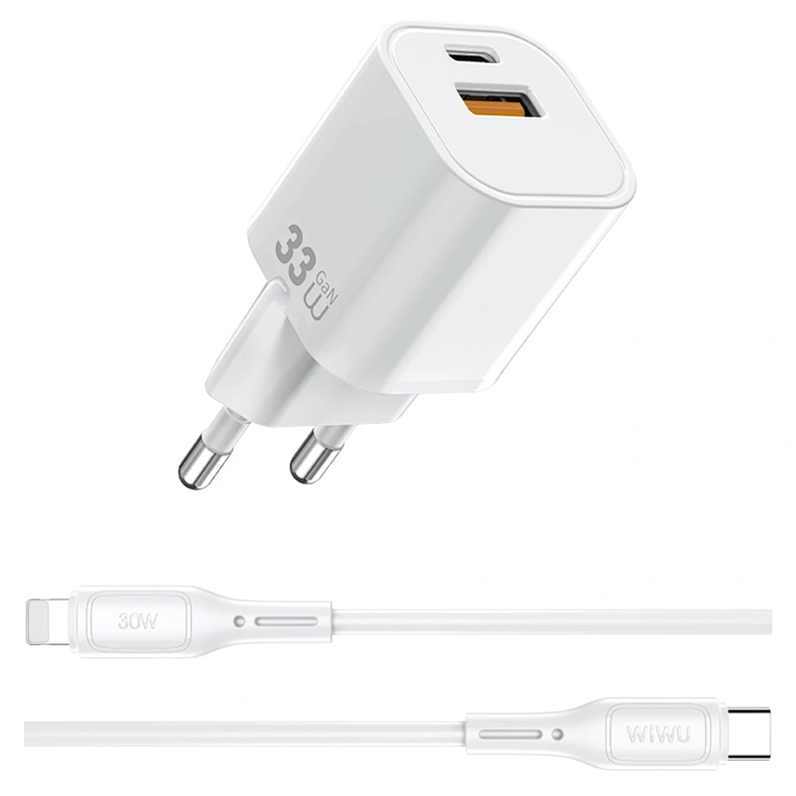 СЗУ WIWU G018 Cube PD33W+QC3.0 GaN (1USB-A/1C) + кабель Type-C to Lightning, White 3, купить оптом с доставкой