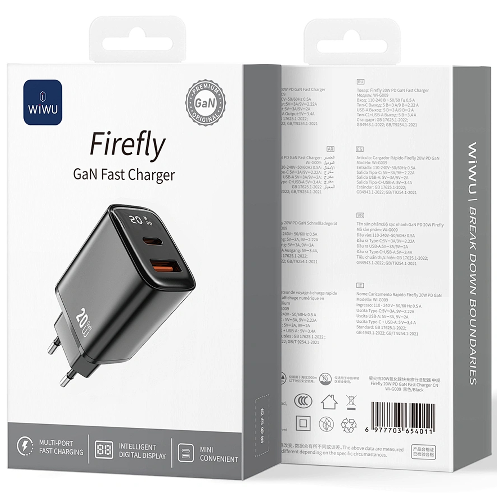 СЗУ WIWU G009 Firefly PD20W+QC3.0 GaN (1USB-A/1C), Black 1, купить оптом с доставкой