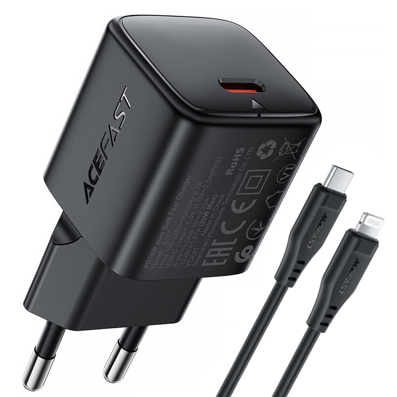 МЗП Acefast A117 mini PD20W GaN (1USB-C) + кабель Type-C to Lightning на малюнкі №1