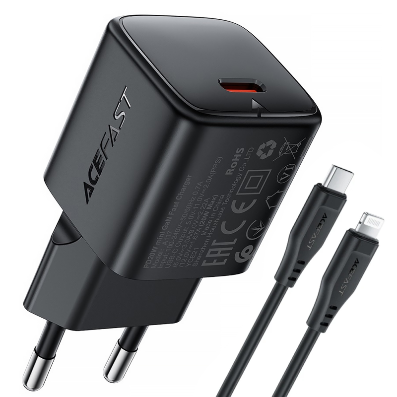 МЗП Acefast A117 mini PD20W GaN (1USB-C) + кабель Type-C to Lightning, Black, купити оптом з доставкою