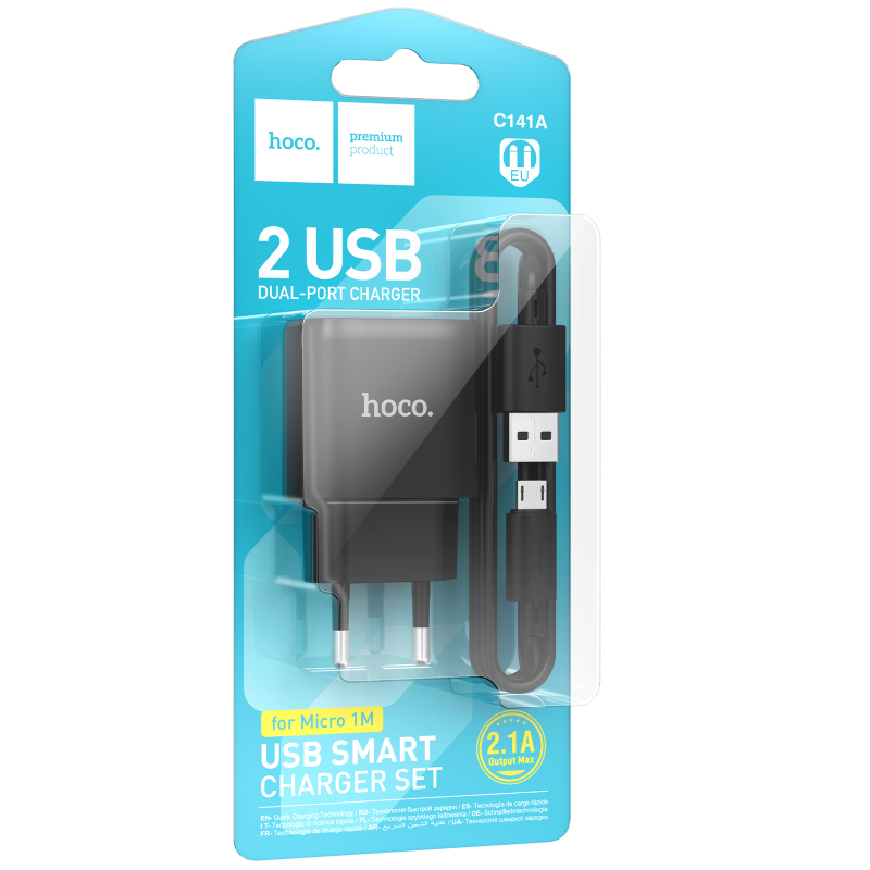 МЗП Hoco C141A Smart 2.1A (2USB-A) + кабель USB to MicroUSB, Black 1, купити оптом з доставкою
