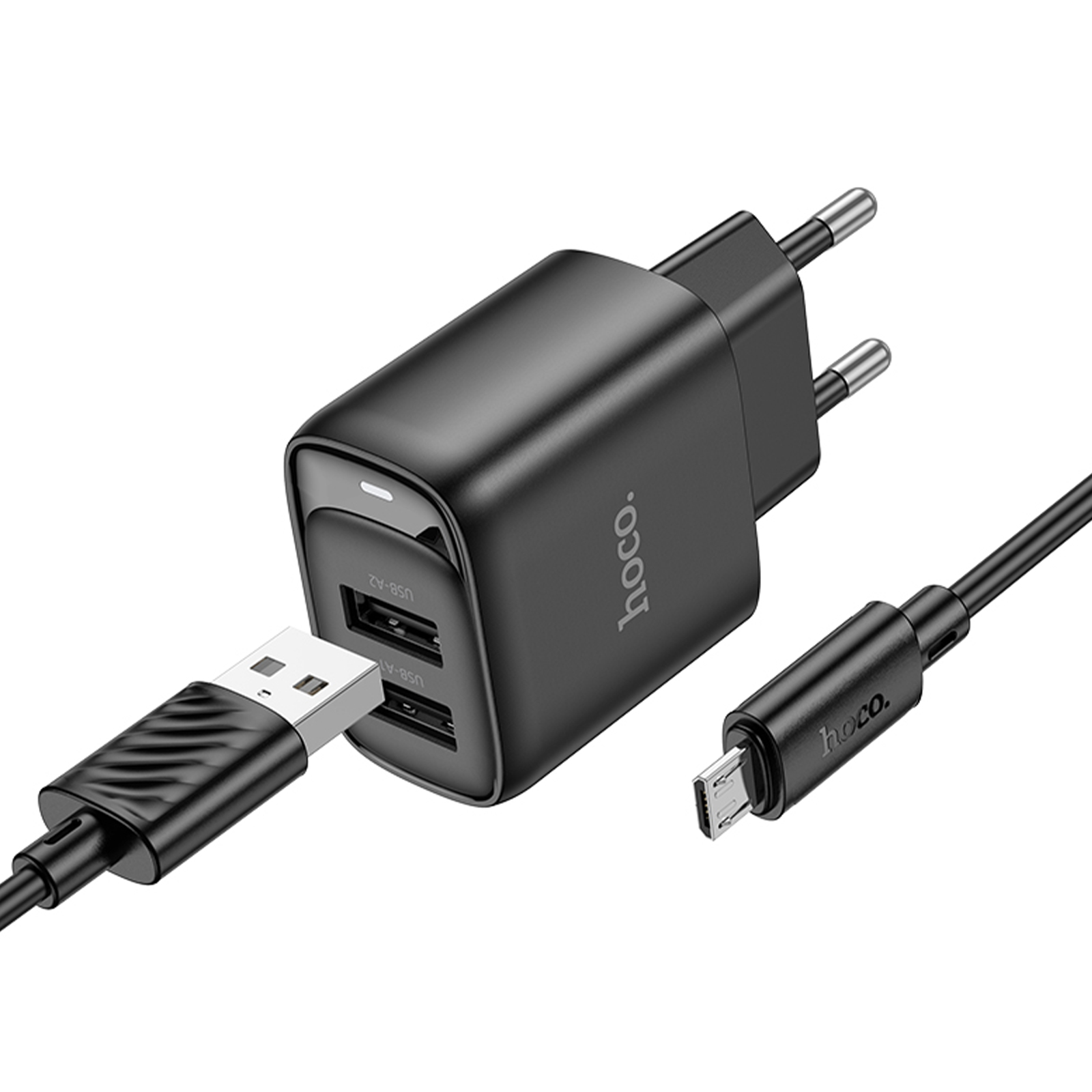 МЗП Hoco C141A Smart 2.1A (2USB-A) + кабель USB to MicroUSB, Black 2, купити оптом з доставкою