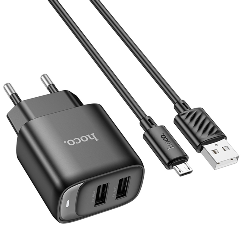 МЗП Hoco C141A Smart 2.1A (2USB-A) + кабель USB to MicroUSB, Black 3, купити оптом з доставкою