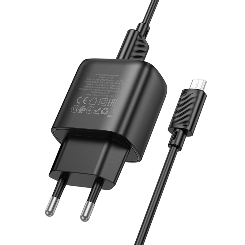 МЗП Hoco C141A Smart 2.1A (2USB-A) + кабель USB to MicroUSB, Black 4, купити оптом з доставкою
