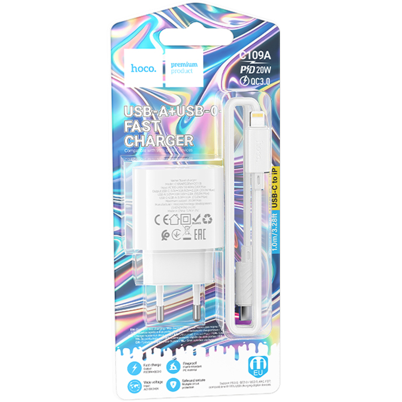 СЗУ Hoco C109A Fighter PD20W+QC3.0 (1USB-A/1C) + кабель Type-C to Lightning, White 1, купить оптом с доставкой