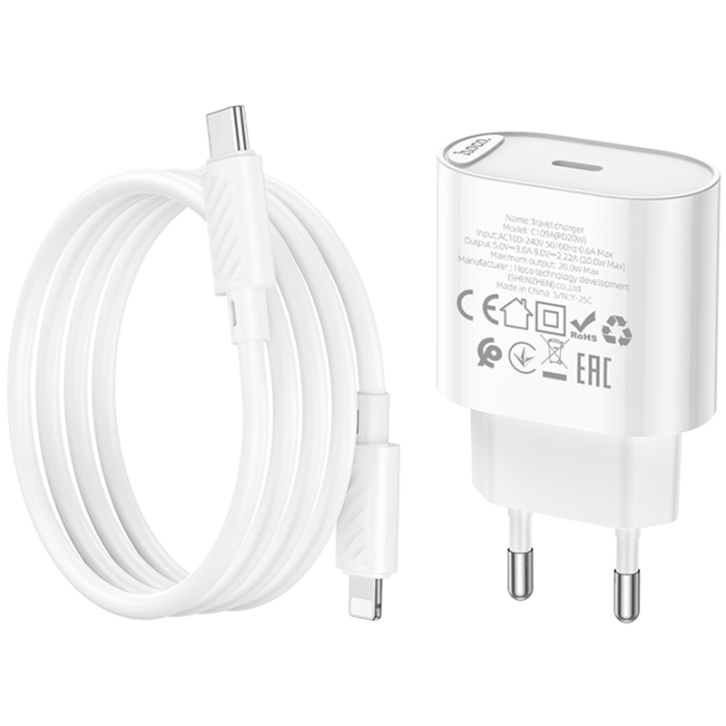 СЗУ Hoco C109A Fighter PD20W+QC3.0 (1USB-A/1C) + кабель Type-C to Lightning на картинке №6