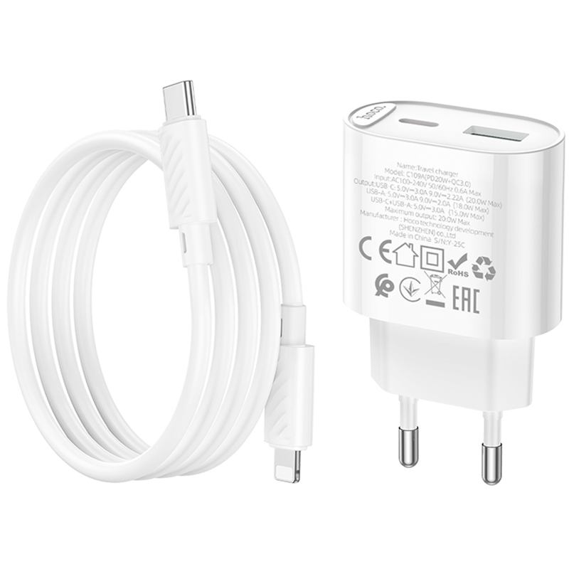 СЗУ Hoco C109A Fighter PD20W+QC3.0 (1USB-A/1C) + кабель Type-C to Lightning, White 5, купить оптом с доставкой