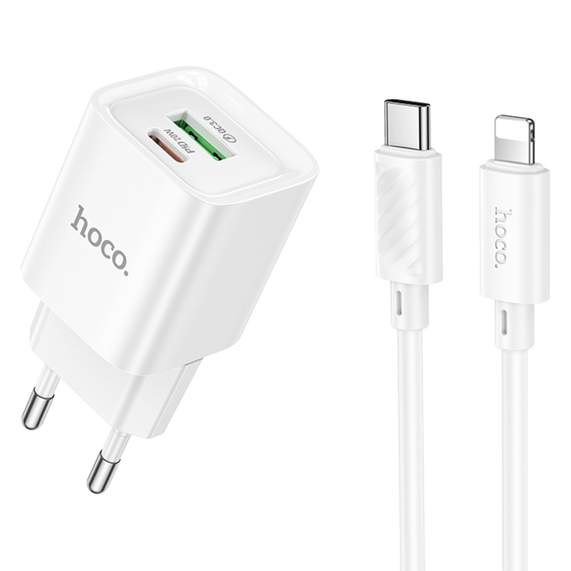 СЗУ Hoco C147A PD20W+QC3.0 (1USB-A/1C) + кабель Type-C to Lightning на картинке №1