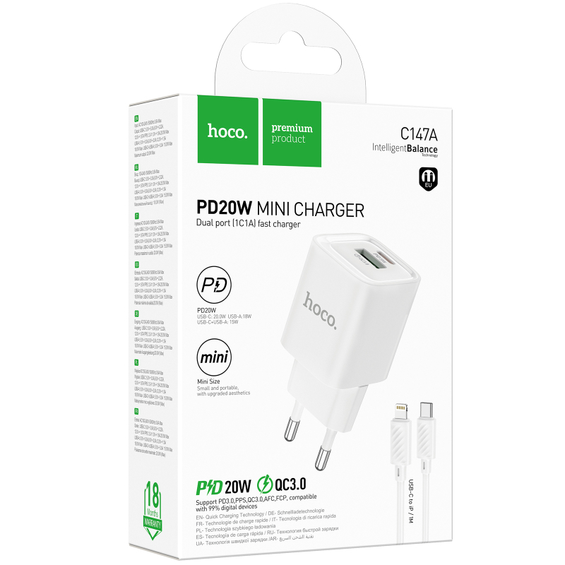 СЗУ Hoco C147A PD20W+QC3.0 (1USB-A/1C) + кабель Type-C to Lightning на картинке №3