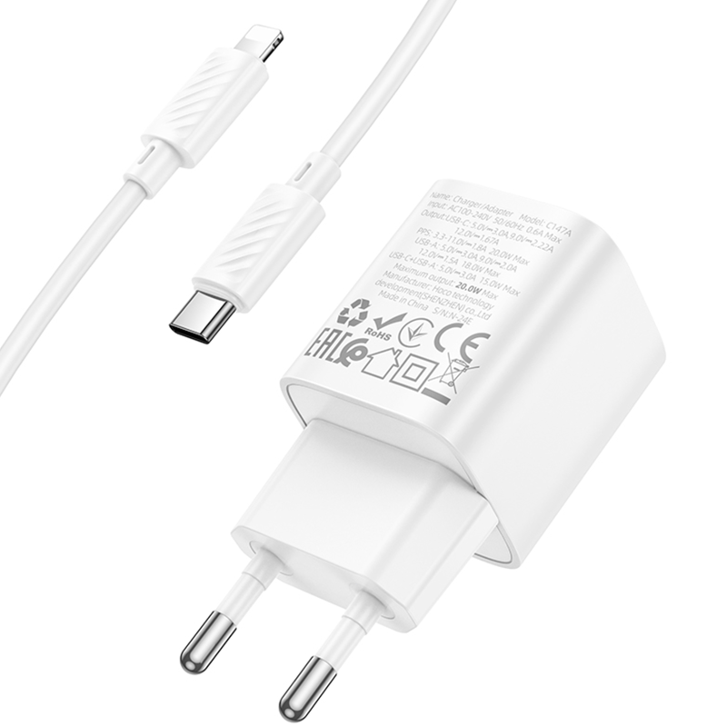 СЗУ Hoco C147A PD20W+QC3.0 (1USB-A/1C) + кабель Type-C to Lightning, White 3, купить оптом с доставкой