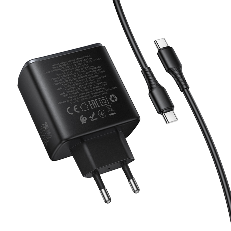 СЗУ Hoco C160A Upgrade PD65W+QC3.0 (1USB-A/2C) + кабель Type-C to Type-C, Black 5, купить оптом с доставкой