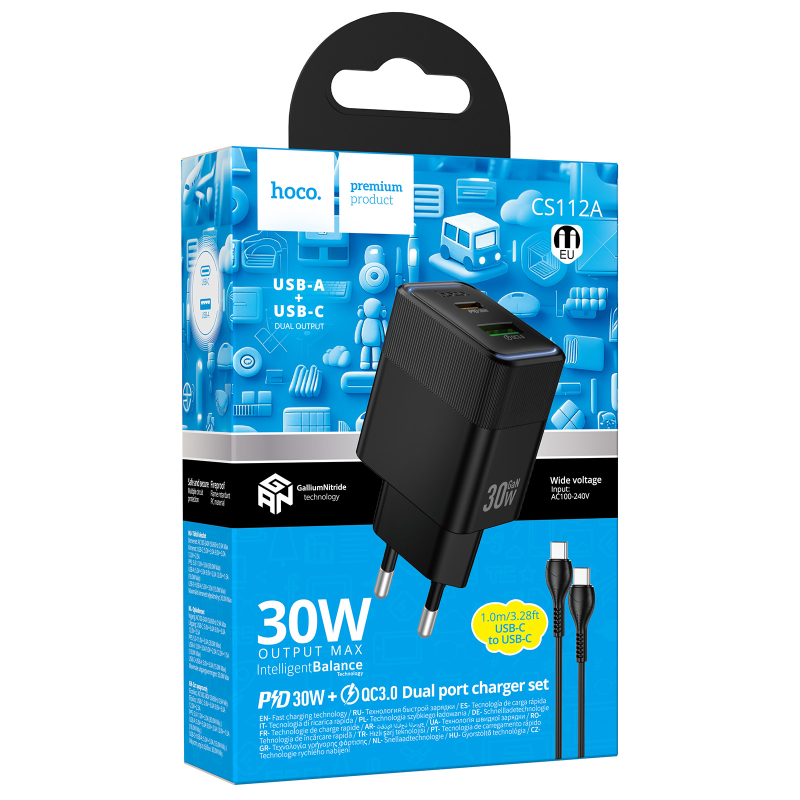 СЗУ Hoco CS112A Lounge PD30W+QC3.0 (1USB-A/1C) + кабель Type-C to Type-C, Black 1, купить оптом с доставкой