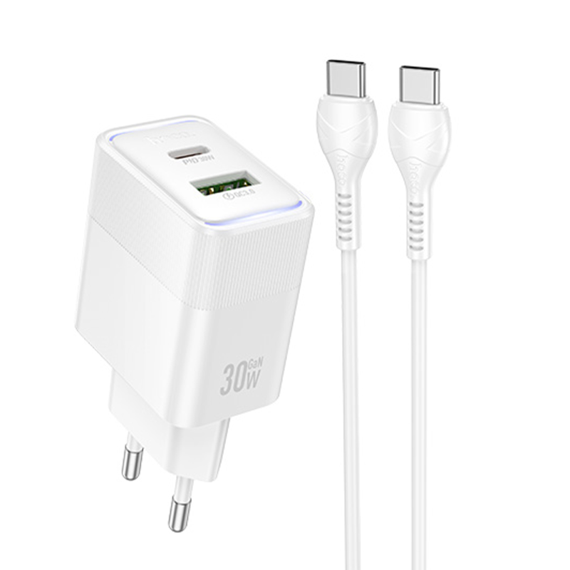 СЗУ Hoco CS112A Lounge PD30W+QC3.0 (1USB-A/1C) + кабель Type-C to Type-C, White, купить оптом с доставкой