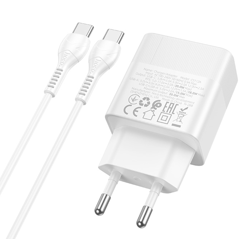 СЗУ Hoco CS112A Lounge PD30W+QC3.0 (1USB-A/1C) + кабель Type-C to Type-C, White 2, купить оптом с доставкой
