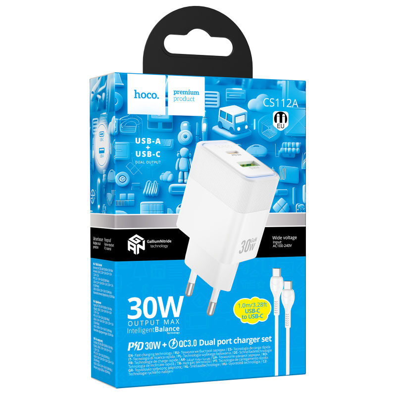 СЗУ Hoco CS112A Lounge PD30W+QC3.0 (1USB-A/1C) + кабель Type-C to Type-C, White 3, купить оптом с доставкой