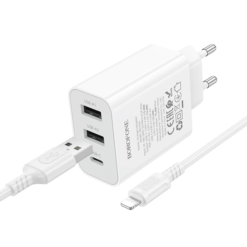 СЗУ Borofone BA105A Stellar 15W (2USB-A/1C) + кабель USB to Lightning на картинке №2