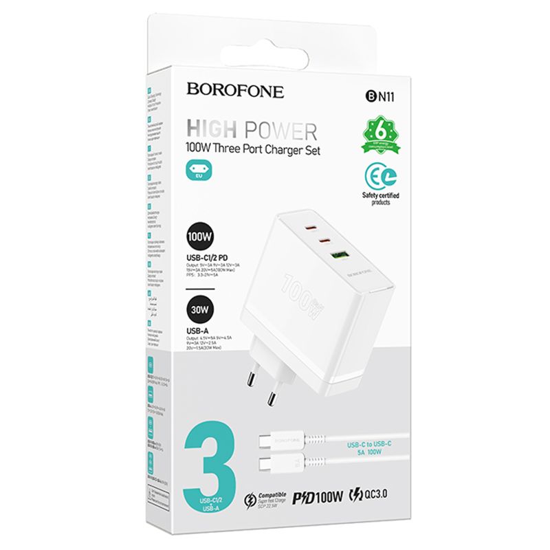 СЗУ Borofone BN11 Imperial PD100W+QC3.0 (1USB-A/2C) + кабель Type-C to Type-C, White 1, купить оптом с доставкой