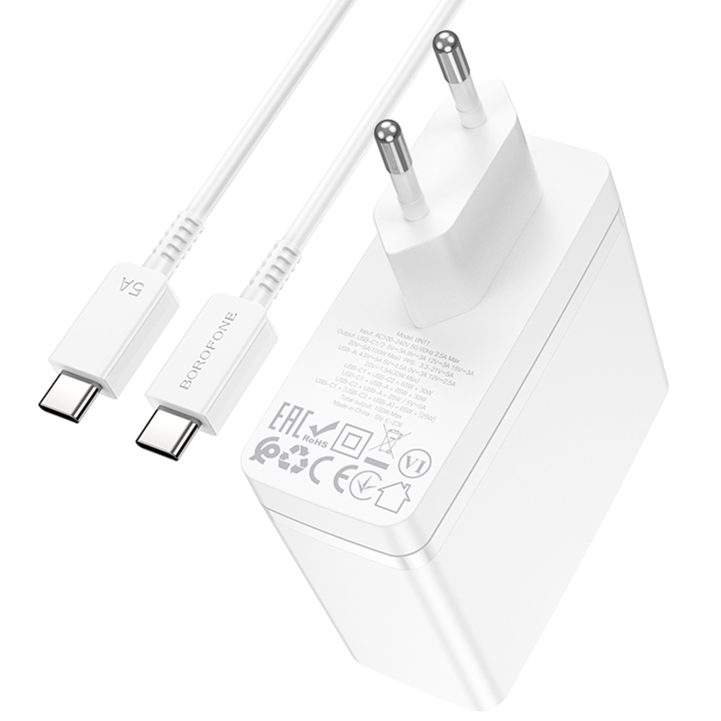 СЗУ Borofone BN11 Imperial PD100W+QC3.0 (1USB-A/2C) + кабель Type-C to Type-C, White 4, купить оптом с доставкой