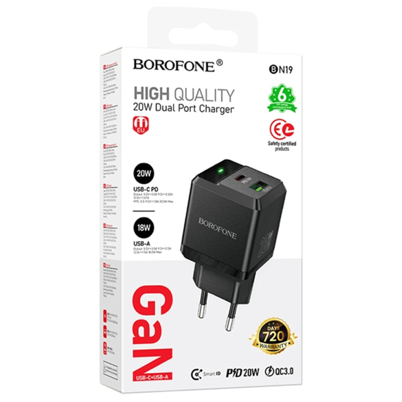 СЗУ Borofone BN19 Intenso PD20W+QC3.0 (1USB-A/1C) на картинке №2