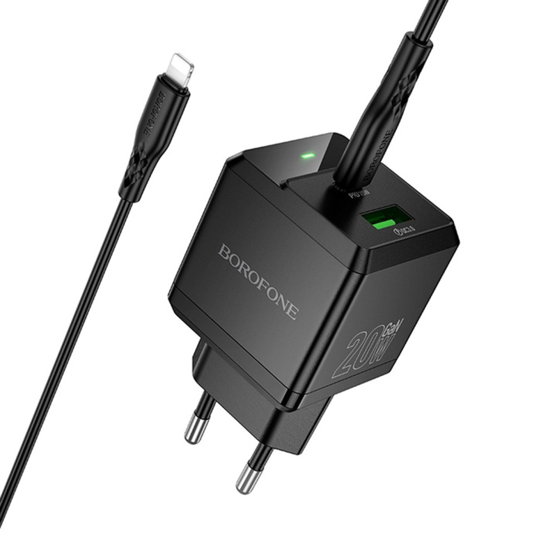 СЗУ Borofone BN19 Intenso PD20W+QC3.0 (1USB-A/1C) + кабель Type-C to Lightning, Black 2, купить оптом с доставкой
