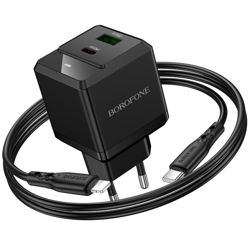СЗУ Borofone BN19 Intenso PD20W+QC3.0 (1USB-A/1C) + кабель Type-C to Lightning, Black 3, купить оптом с доставкой