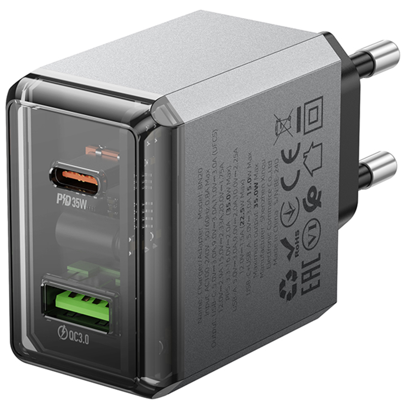 МЗП Borofone BN20 Lena PD35W+QC3.0 (1USB-A/1C), Metal gray 2, купити оптом з доставкою