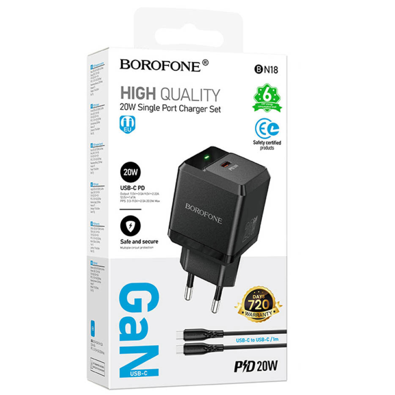 СЗУ Borofone BN18 Intenso PD20W (1USB-C) + кабель Type-C to Type-C, Black 1, купить оптом с доставкой