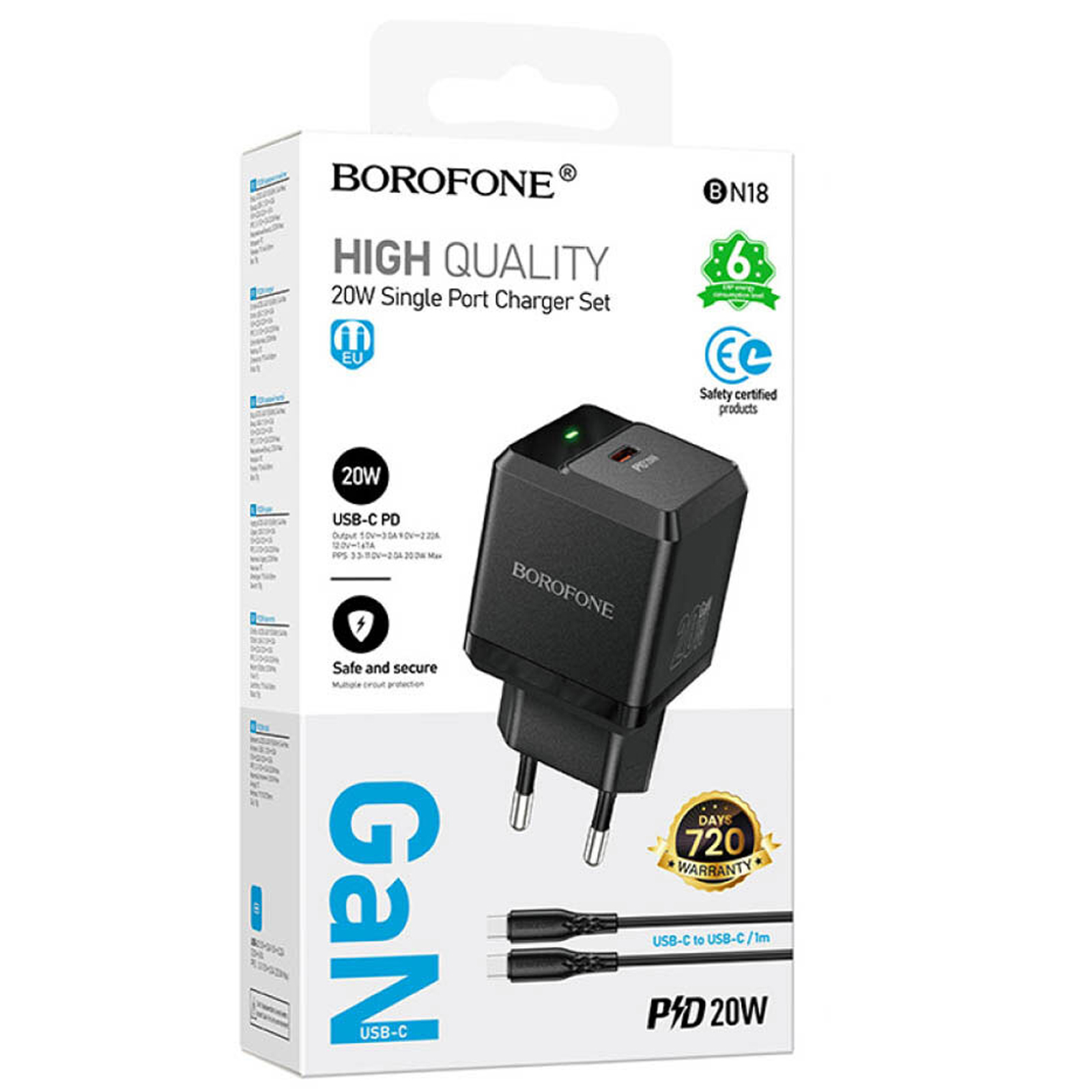 СЗУ Borofone BN18 Intenso PD20W (1USB-C) + кабель Type-C to Type-C, Black 1, купить оптом с доставкой