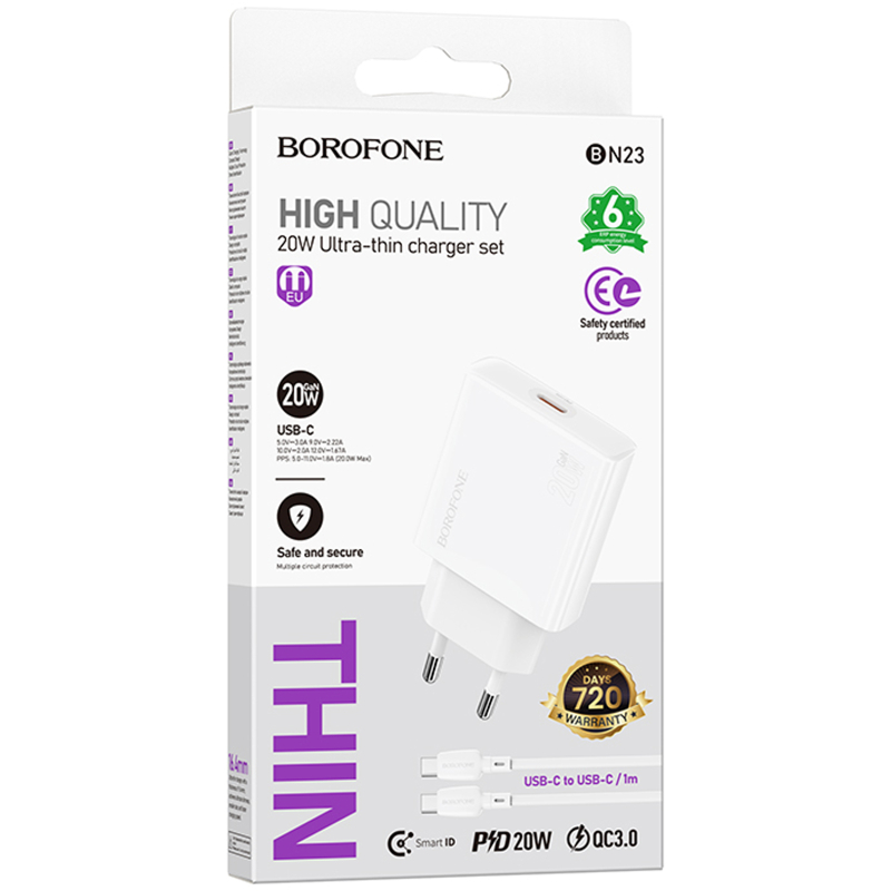 СЗУ Borofone BN23 Wish PD20W (1USB-C) + кабель Type-C to Type-C на картинке №2