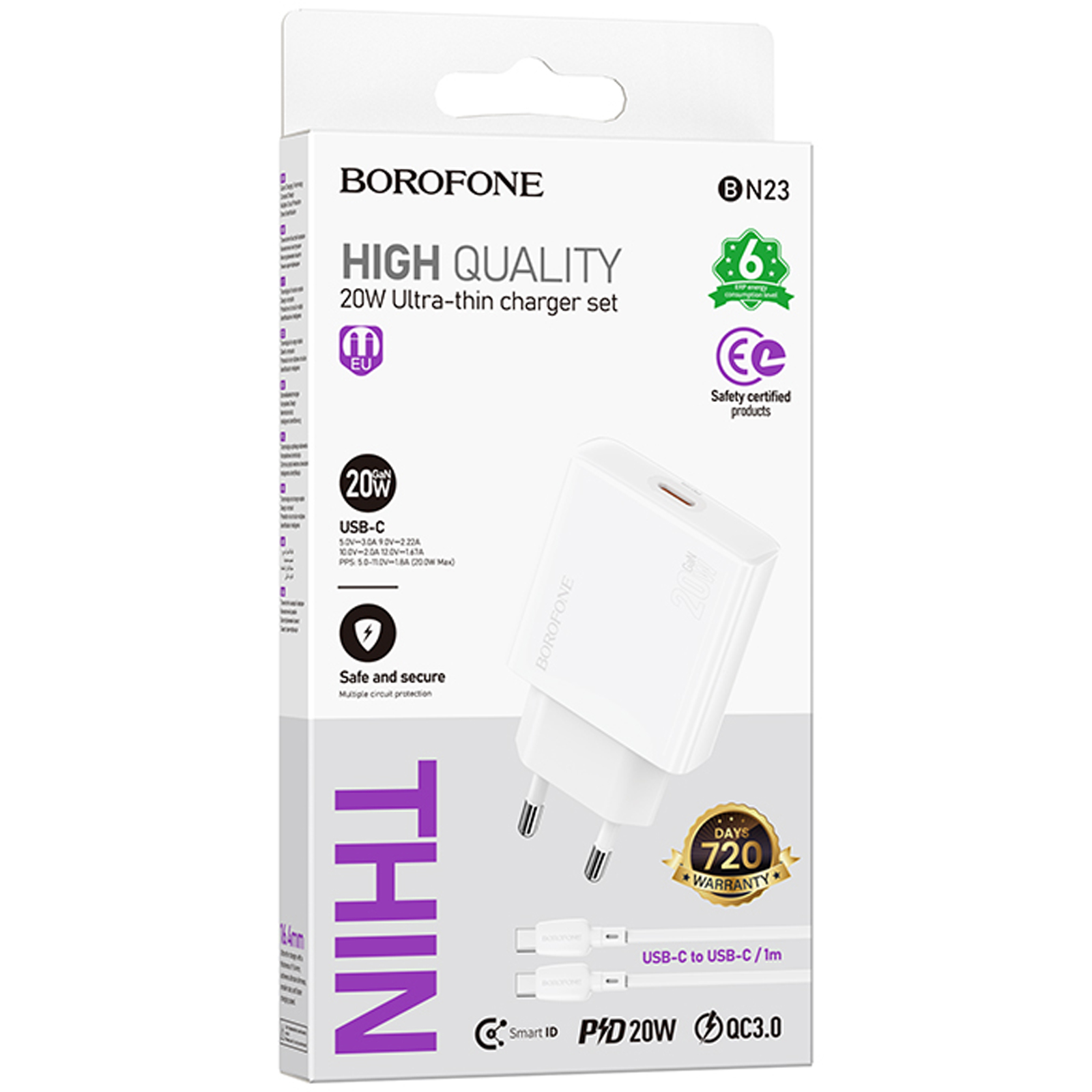 СЗУ Borofone BN23 Wish PD20W (1USB-C) + кабель Type-C to Type-C, White 1, купить оптом с доставкой