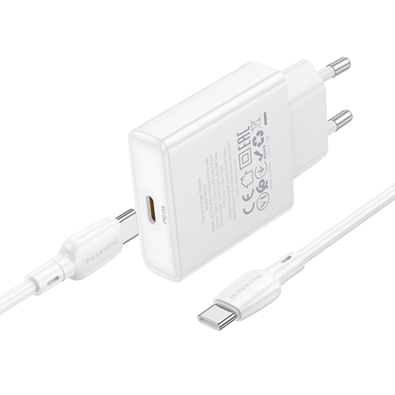 СЗУ Borofone BN23 Wish PD20W (1USB-C) + кабель Type-C to Type-C, White 4, купить оптом с доставкой