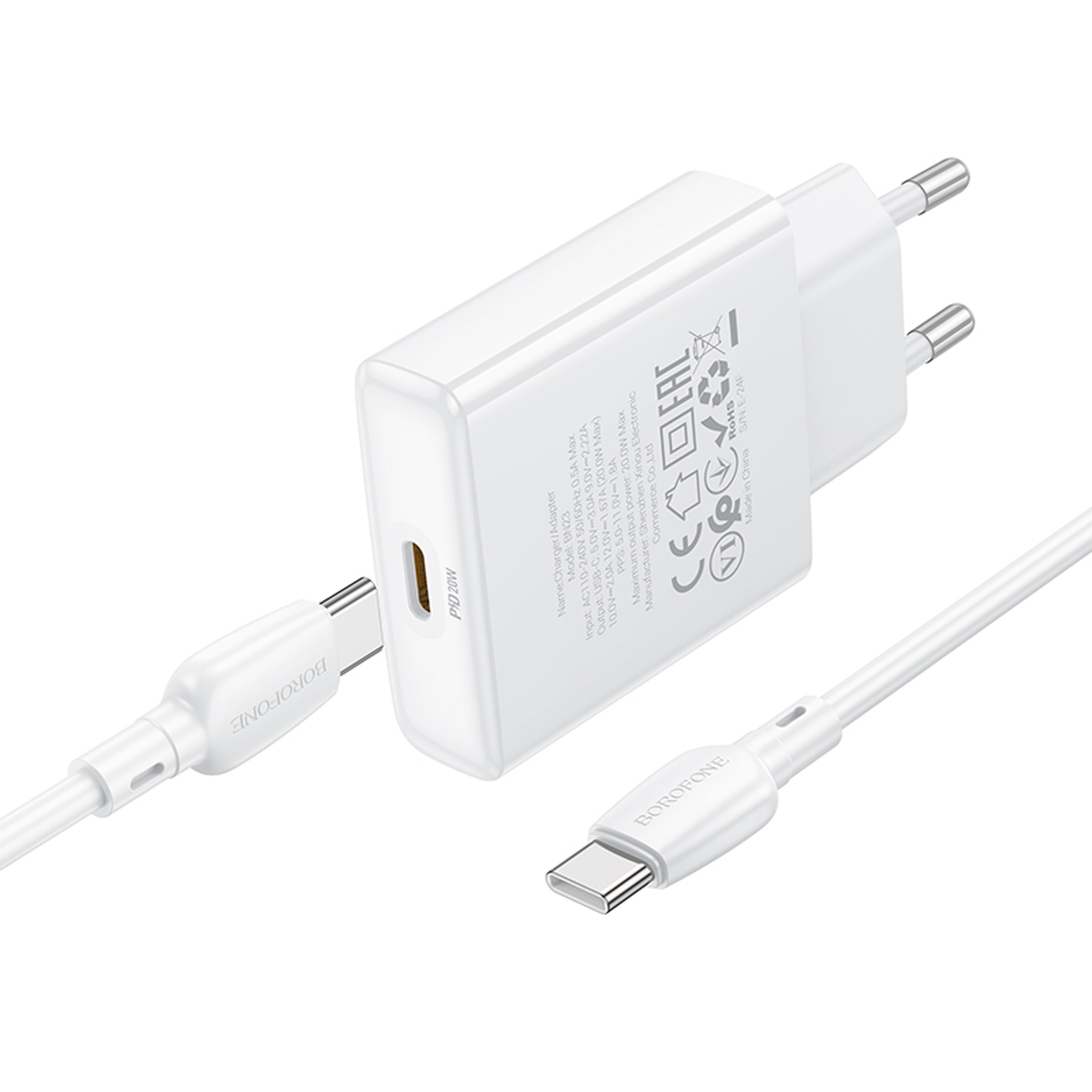 СЗУ Borofone BN23 Wish PD20W (1USB-C) + кабель Type-C to Type-C, White 4, купить оптом с доставкой