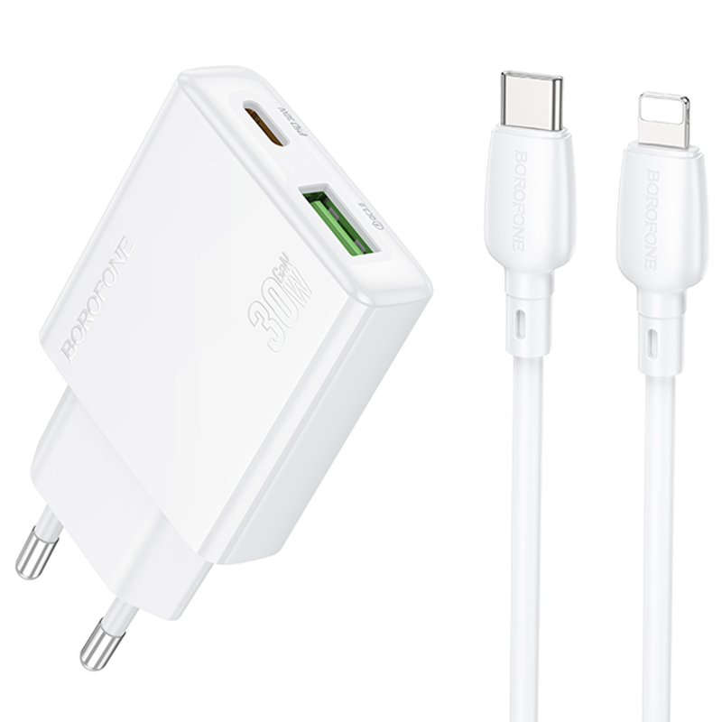 СЗУ Borofone BN25 Wish PD30W+QC3.0 (1USB-A/1C) + кабель Type-C to Lightning, купить оптом с доставкой