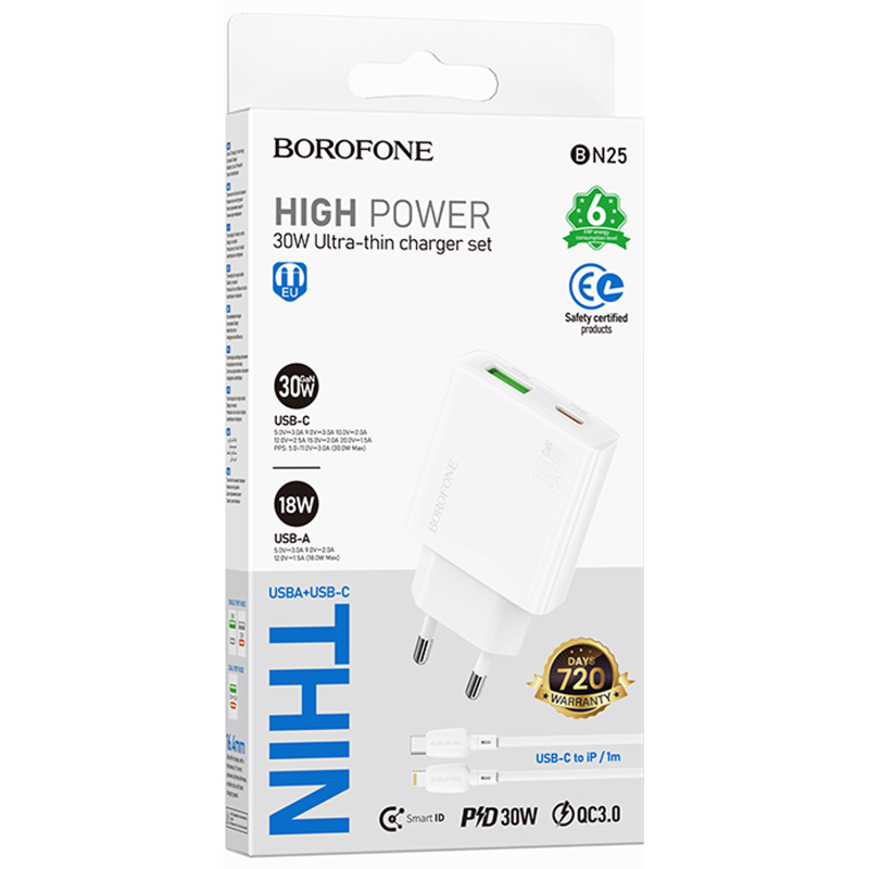 СЗУ Borofone BN25 Wish PD30W+QC3.0 (1USB-A/1C) + кабель Type-C to Lightning, White 1, купить оптом с доставкой