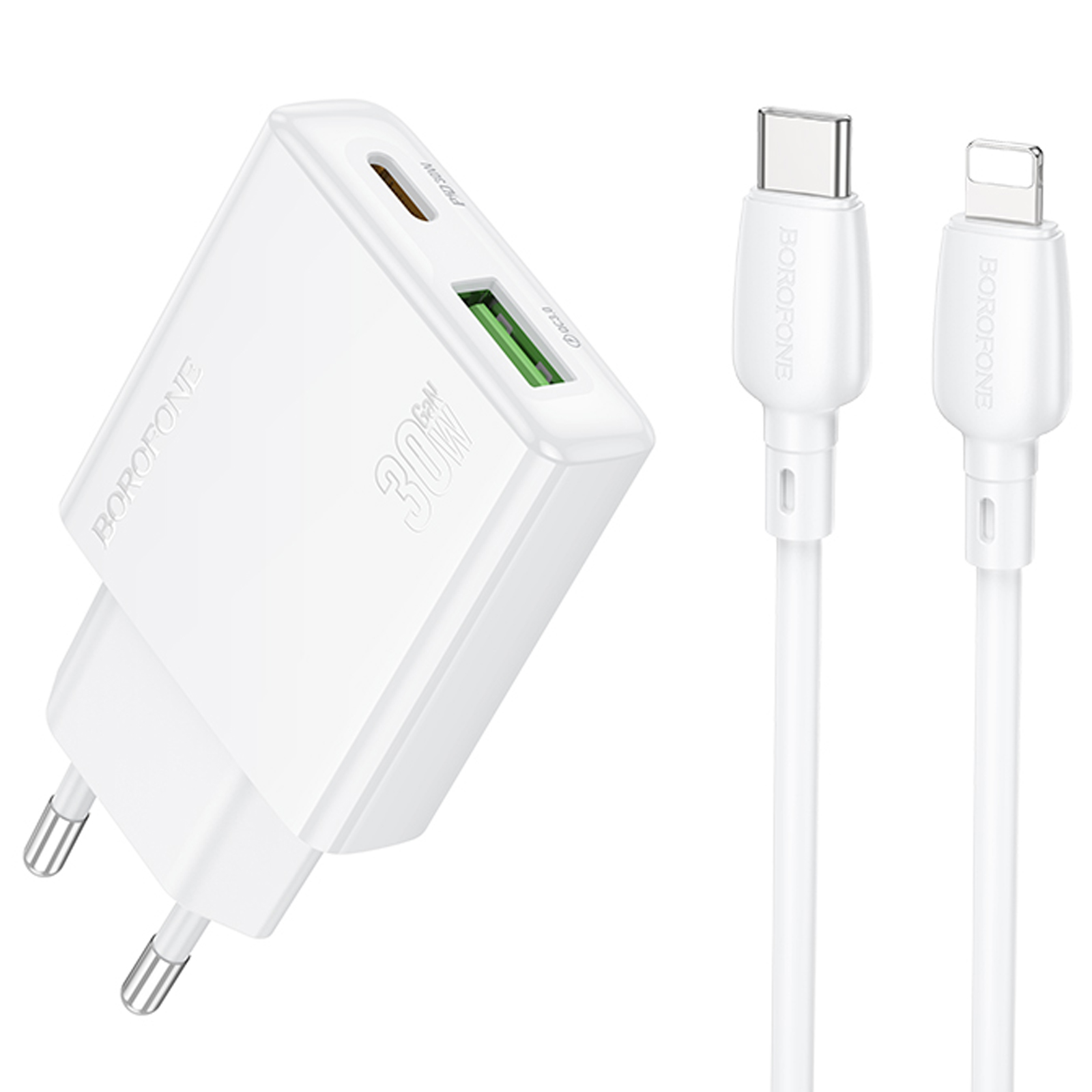 СЗУ Borofone BN25 Wish PD30W+QC3.0 (1USB-A/1C) + кабель Type-C to Lightning, White, купить оптом с доставкой