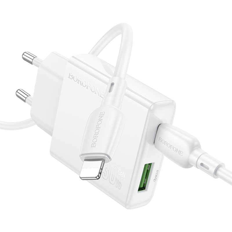СЗУ Borofone BN25 Wish PD30W+QC3.0 (1USB-A/1C) + кабель Type-C to Lightning, White 2, купить оптом с доставкой