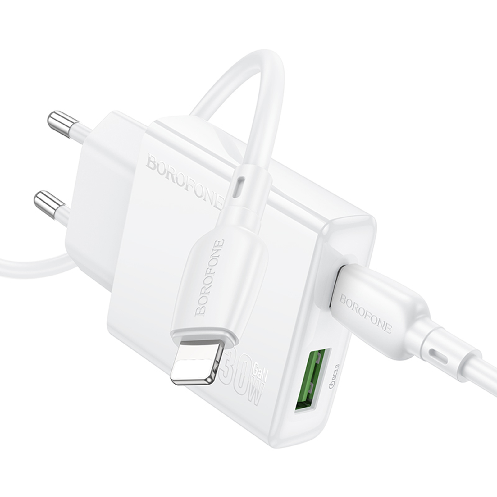СЗУ Borofone BN25 Wish PD30W+QC3.0 (1USB-A/1C) + кабель Type-C to Lightning, White 2, купить оптом с доставкой