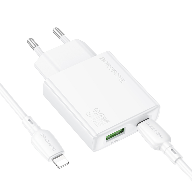 СЗУ Borofone BN25 Wish PD30W+QC3.0 (1USB-A/1C) + кабель Type-C to Lightning, White 3, купить оптом с доставкой