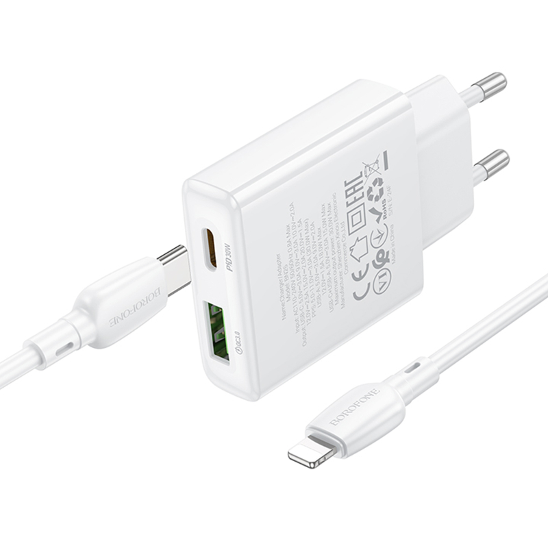 МЗП Borofone BN25 Wish PD30W+QC3.0 (1USB-A/1C) + кабель Type-C to Lightning на малюнкі №5