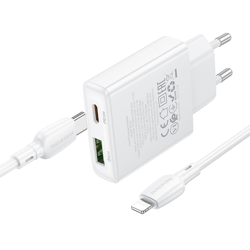СЗУ Borofone BN25 Wish PD30W+QC3.0 (1USB-A/1C) + кабель Type-C to Lightning, White 4, купить оптом с доставкой